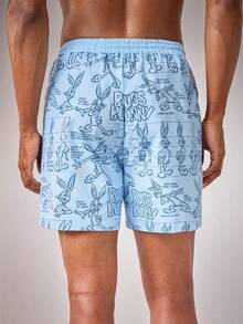 LOONEY TUNES X SHEIN Quần short đi biển nam họa tiết hoạt hình dễ thương, có dây rút và túi ở eo. - Màu xanh lam - Xem 2