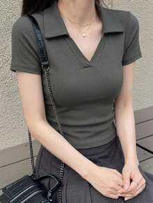 DAZY Women's Slim Fit Short Sleeve Polo Shirt, Solid Color Summer - Olive Green - View 10