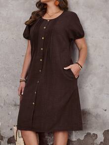 EMERY One Size Solid Color Button Front Casual Summer Dress - Brown - View 6