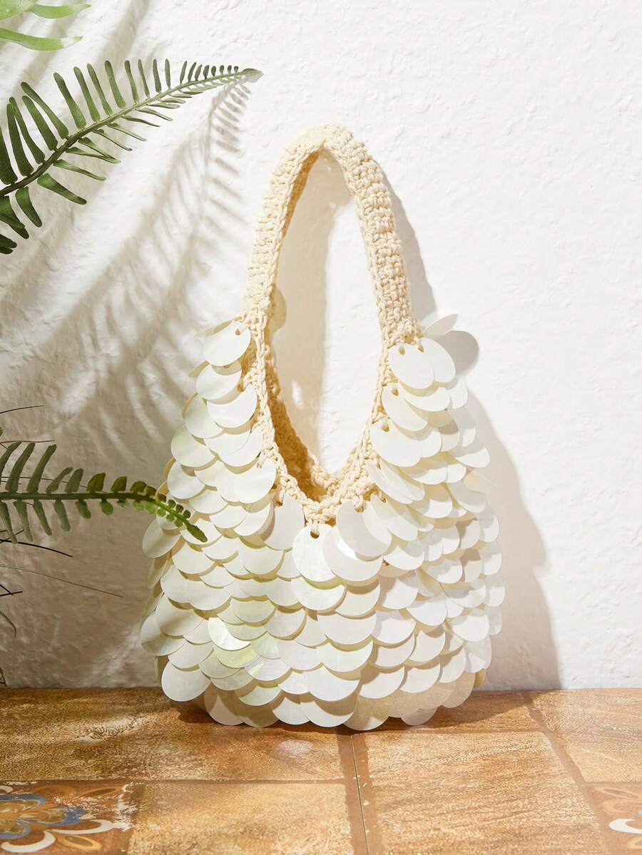 SHECARRY Women's Fashionable Beige Sequined Handbag, Exquisite And Gorgeous Lightweight, Handmade Hook Line Design, Suitable For Daily, Commuting, Dating, Summer, Party, Vacation, Beach, Seaside Matching - White - View 1