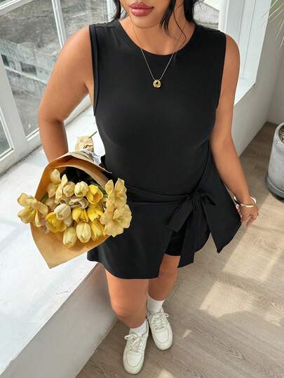 SHEIN EZwear Bộ áo liền quần đen dáng rộng dành cho nữ cỡ lớn