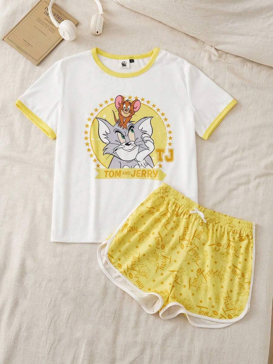 TOM & JERRY X SHEIN 女士卡通印花撞色圆领短袖T恤和领结短裤睡衣套装 - 黃色 - 查看 1