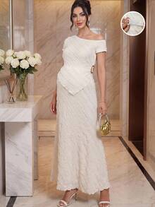 SHEIN This Maternity Two-Piece Set, Featuring An Asymmetrical Neckline Top And Skirt In An Apricot-Colored Textured Fabric, Is Perfect For Pregnant Women Attending Parties, Luxurious Gowns, Weddings, And Other Occasions. An Elegant Summer Two-Piece Maternity Set. - Beige - View 2