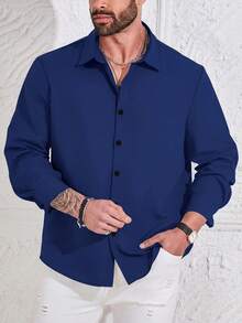 Manfinity Homme Plus Size Men's Casual Simple Front Button Long Sleeve Shirt, Suitable For Commuting & Business - Navy Blue - View 6
