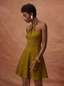 Zivah Women's Textured Pleated Halter Neck Tie Waist Dress, Elegant - Mustard Yellow - View 8