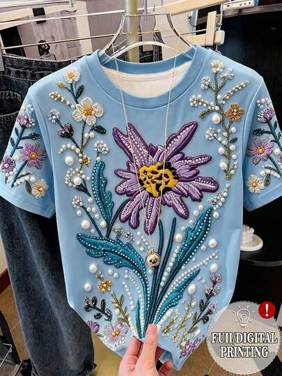 Resyla Damen Sommer Lässig Urlaubs Blumen Stickerei Künstliche Perlen Dekor Kurzarm T-Shirt