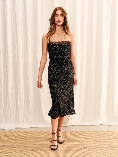 lacRébo Black Floral Satin Midi Dress With Lace Trim And Side Slit Sprimg Summer Casual Holiday Dress French Style Dress Spaghetti Strap Dress Black Vacation Dress