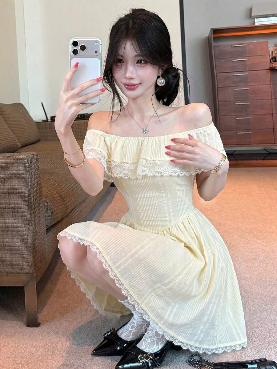 DAZY Spring & Summer French Retro Off-Shoulder Mini Dress, Niche Design Elegant Lady Style High-End Dress For Women - Blue - View 1