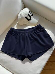 Comfortcana 女士纯色弹力腰抽绳休闲夏季短裤，藏蓝色 - 藏蓝色 - 查看 4