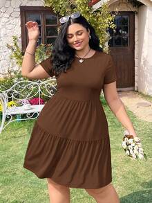 Solflare Black Short Sleeve Loose Fit Plus Size T-Shirt Dress, Spring Summer Clothes - Coffee Brown - View 4
