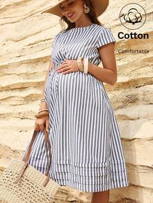 Boho Mama Pregnant Women's Striped Print Round Neck Casual Short Sleeve Dress, Summer - Blue and White - View 1