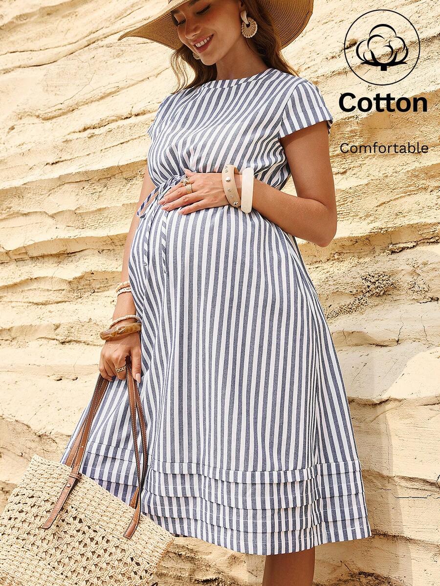 Boho Mama Pregnant Women's Striped Print Round Neck Casual Short Sleeve Dress, Summer - Blue and White - View 1