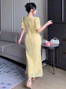 DAZY Đầm dài ren cổ tròn thanh lịch dành cho nữ, thích hợp cho mùa xuân và mùa hè. - Hồng - Xem 2