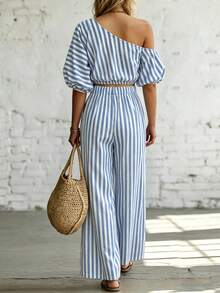 Wandoria Blusa de hombro asimétrico de manga corta a rayas azul y blanco, combinada con pantalones de pierna ancha de cintura elástica, conjunto informal de estilo bohemio de alta vibra para - Azul y blanco - Ver 2