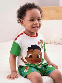 CoComelon X SHEIN Cartoon Print Short Sleeve T-Shirt And Shorts Pajama Set For Baby Boy - Multicolor - View 4