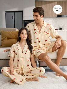 CoupledUp Striped Cherry Print Lapel Short Sleeve Shorts Men's Pajama Set - Yellow - View 7