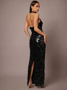 Silquee Sequin Strap Elegant Party Dress - Black - View 2