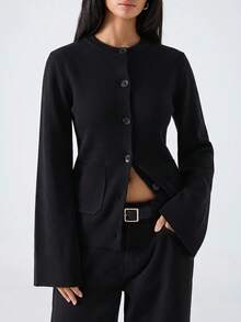 LYSMO 2026 Nouveau cardigan femme minimaliste d'hiver, décontracté, quotidien, tenue de travail, simple, noir unicolore, patchwork, poche, bouton. Chemise femme distinctive et à la mode pour l'automne/hiver, Noël, Nouvel An, Thanksgiving, remise des diplômes. Série de pulls de Noël à la mode - Noir - Voir 6