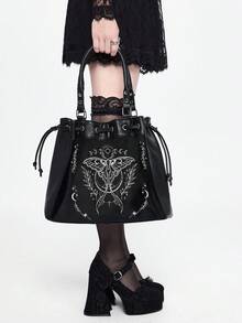 ROMWE Goth White Butterfly Moth Plant Embroidery Women's Large Capacity Casual Handbag, Drawstring Design Tote Bag, Suitable For Daily Use, Back To School Season Use - Embroidery White Butterfly - View 4