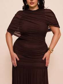 SHEIN BAE Plus Size Women's Green Extra Long Wrap Style Dress, Vacation Dress - Coffee Brown - View 7