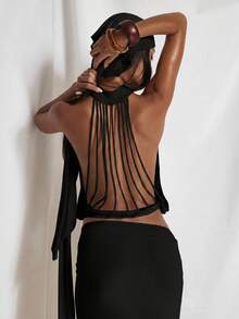 MUSERA High Neck Voluminous Ruched Waistband Panelled Open Back Top Cute Holiday Sexy Night Out Vacation Spring Summer Elegant Soleil Drape - Black - View 5