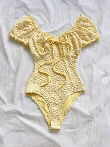 Soleia Women's Floral Textured Front Tie Short Sleeve Bodysuit - Yellow - View 4