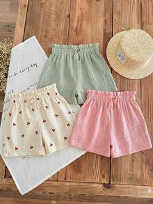 SHEIN LMoss Kids LMoss 女童三件套休闲夏季套装：梭织柔软双层纱褶边短裤，松紧腰带，纯色，百搭透气 - 彩色 - 查看 4