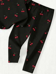 Baby Girl Cute Black And Red Cherry Letter Pattern T-Shirt & Leggings Set,Autumn Family Matching Casual Round Neck Long Sleeve Outfit For Vacation - White - View 6
