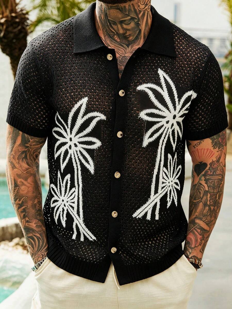 VENTUSAIL Men's Palm Tree Pattern Short Sleeve Single-Breasted Knit Top - Black - View 1