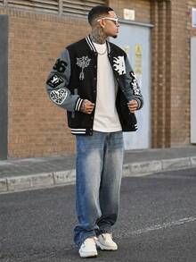 Devon Thys Men's Casual Contrast Color Letter Flocked Patchwork Striped Edge Baseball Long Sleeve Jacket, Autumn Men Streetwear Zip Up Custom Jacket Letterman Jacket Men Varsity Jacket - Dark Grey - View 4