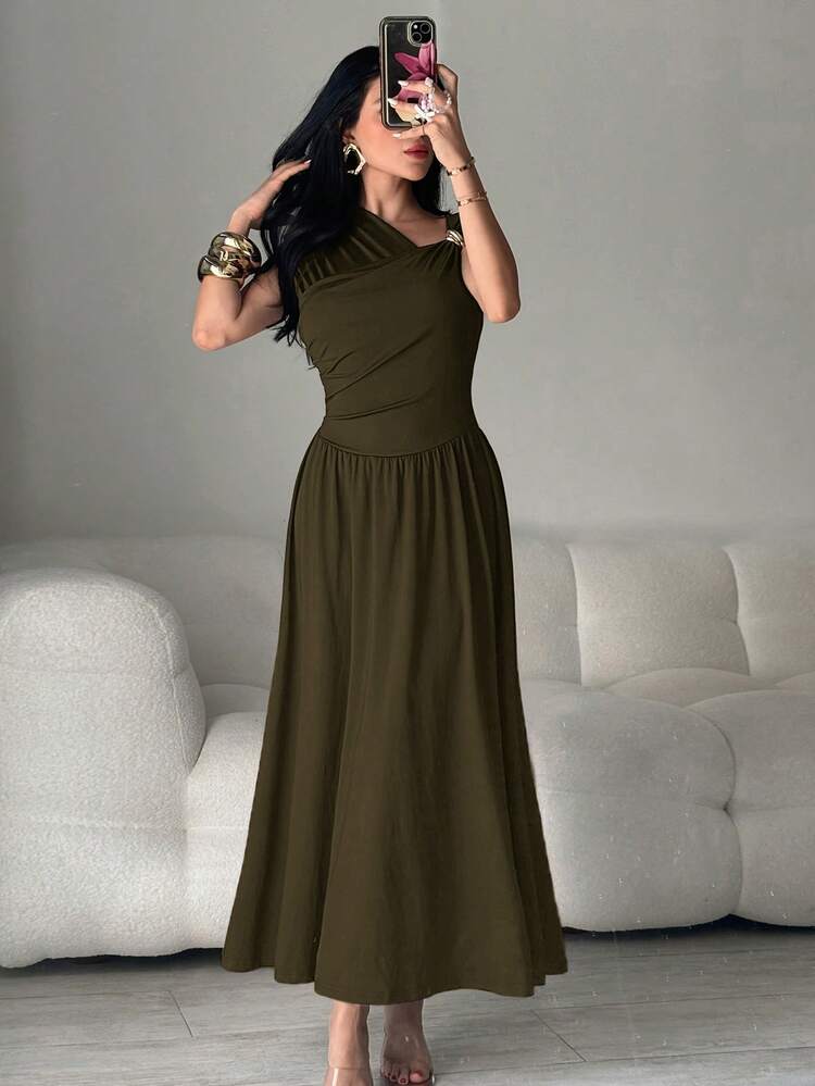 green dress mid length Dark Green Dress | Mid-calf Dress With Belt & Pockets | Wedding Guest Dress  | Elegant Casual Dress | Party Dress