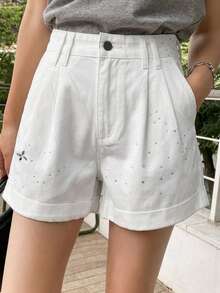 DAZY Quần short jeans ống đứng lửng dáng casual đính pha lê lấp lánh dành cho nữ, thích hợp cho mùa xuân, hè, đi biển và phong cách đường phố. - trắng - Xem 7