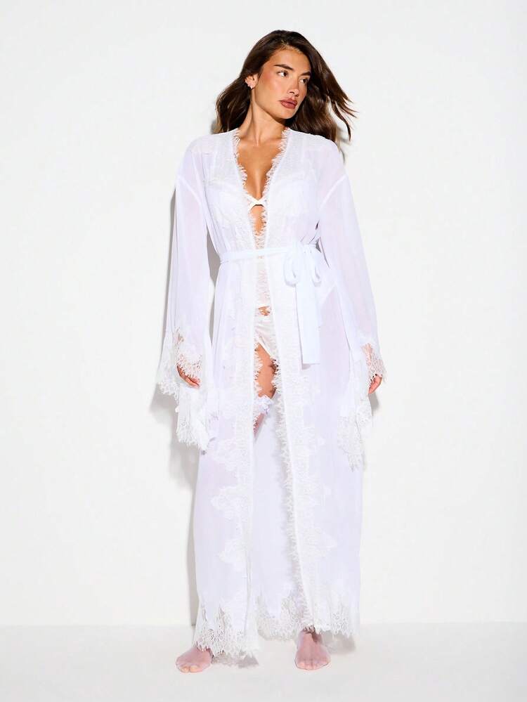 KIZN Sheer Chiffon Maxi Robe With Lace Trim