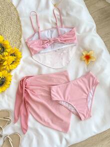 Girls Floral Print Bikini 3 PiecesSets, Suitable For Beach, Hawaii, Vacation - Pink - View 2