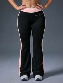 SHEIN Sports 大码女式拼接字母印花休闲百搭日常运动喇叭裤 - 彩色 - 查看 5