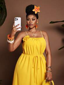 Maweii Vestido de Férias Solto com Aplicação Floral Plus Size, Linha A, Sem Mangas, Primavera/Verão - Amarelo - Visão 7