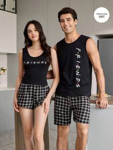 CoupledUp FRIENDS X SHEIN 复古美式字母极简男士薄款背心和格子短裤睡衣套装 - 黑色 - 查看 6