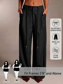 SHEIN Tall CURVE CURVE 大尺碼女款高個子寬腿褲，高腰黑色休閒辦公度假長褲，日常商務休閒優雅秋季款 - 黑色 - 查看 3