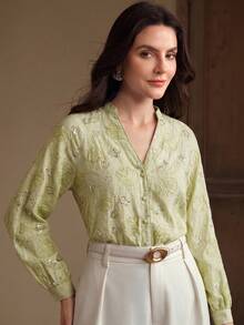 Anewsta Fashionable & Elegant Party Sequin Embroidered Long Sleeve Blouse For Women - Green - View 3