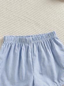 SHEIN 少女蓝白条纹编织背心和短裤两件套 - 藍白色 - 查看 6