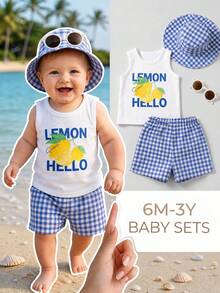 SHEIN Playful Pals 3件組男嬰夏季套裝 白色時尚字母印花背心上衣 藍白格紋休閒短褲 搭配帽子 可愛海灘度假節日戶外穿搭 - 藍色 - 查看 5