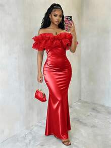 SHEIN Raffinéa Vestido de sirena ajustado de unicolor elegante con parches de satén, hombros descubiertos y malla brillante para mujer, primavera/verano - Rojo - Ver 6