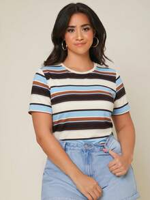SHEIN BASICS 大码女式条纹圆领短袖休闲T恤 - 彩色 - 查看 1