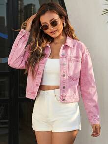 EMERY ROSE Áo khoác denim dài tay màu trơn, có túi vá phía trước và cài nút, kiểu dáng thường ngày. - Hồng - Xem 3