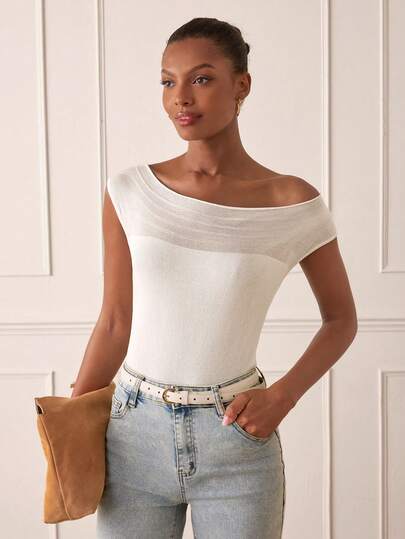 Lilora Women's Knitted Asymmetrical Shoulder Cinched Waist Top, Sophisticated Chic Fashion Versatile Elegant Top, Suitable For Commuting, Casual Outings, Gatherings, Dates, Parties, Leisure, Outings, Holidays, Vacations, Summer, Holiday Trips All White