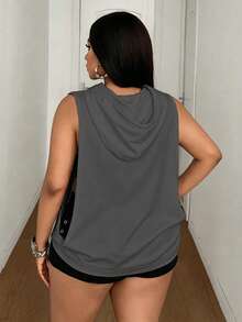 Maweii Women's Sleeveless Hooded Drawstring Plus Size Sweatshirt, Casual Street Or Sportswear - Dark Grey - View 3