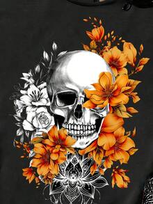 EMERY ROSE Blusa de tirantes de talla grande con cuello redondo y estampado floral y de calavera, de estilo casual para verano - Negro - Ver 3