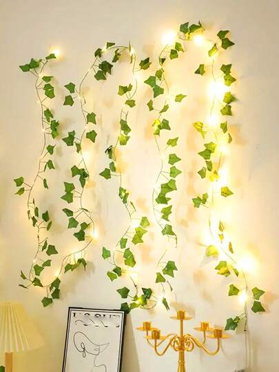 Plantas de hiedra artificial con guirnalda de luces LED, alimentada por caja de baterías AA o 8 modos USB, vid verde para decoración de pared, fiesta, boda, habitación, hogar, cocina, interior, exterior, decoración navideña (baterías no incluidas)