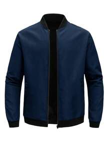 Manfinity Homme Jaket Baseball Kasual Pria Ukuran Besar dengan Kerah Resleting Warna Kontras - Navy Blue - View 3