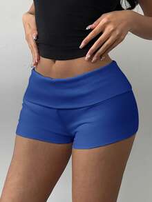 SHEIN BASICS 女款休閒純色針織低腰修身運動短褲，適合夏季高爾夫球運動 - 寶藍色 - 查看 5